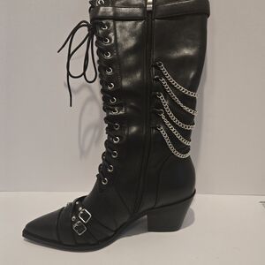 Sleek Black Lace-Up Boots with Chain Accents